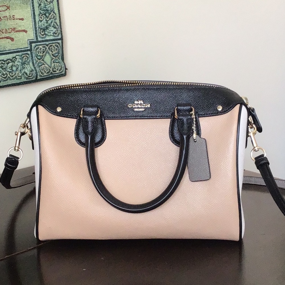 Coach Tan, Black & White Leather Crossbody Satchel